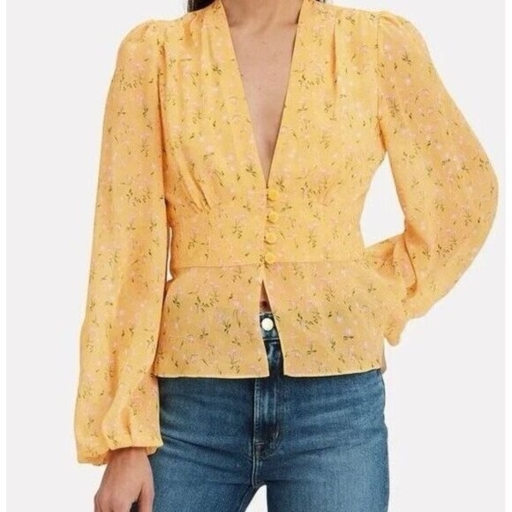 Divine Heritage Blouse Yellow Floral Plunging V-neck Puff Sleeve Peasant Size XS